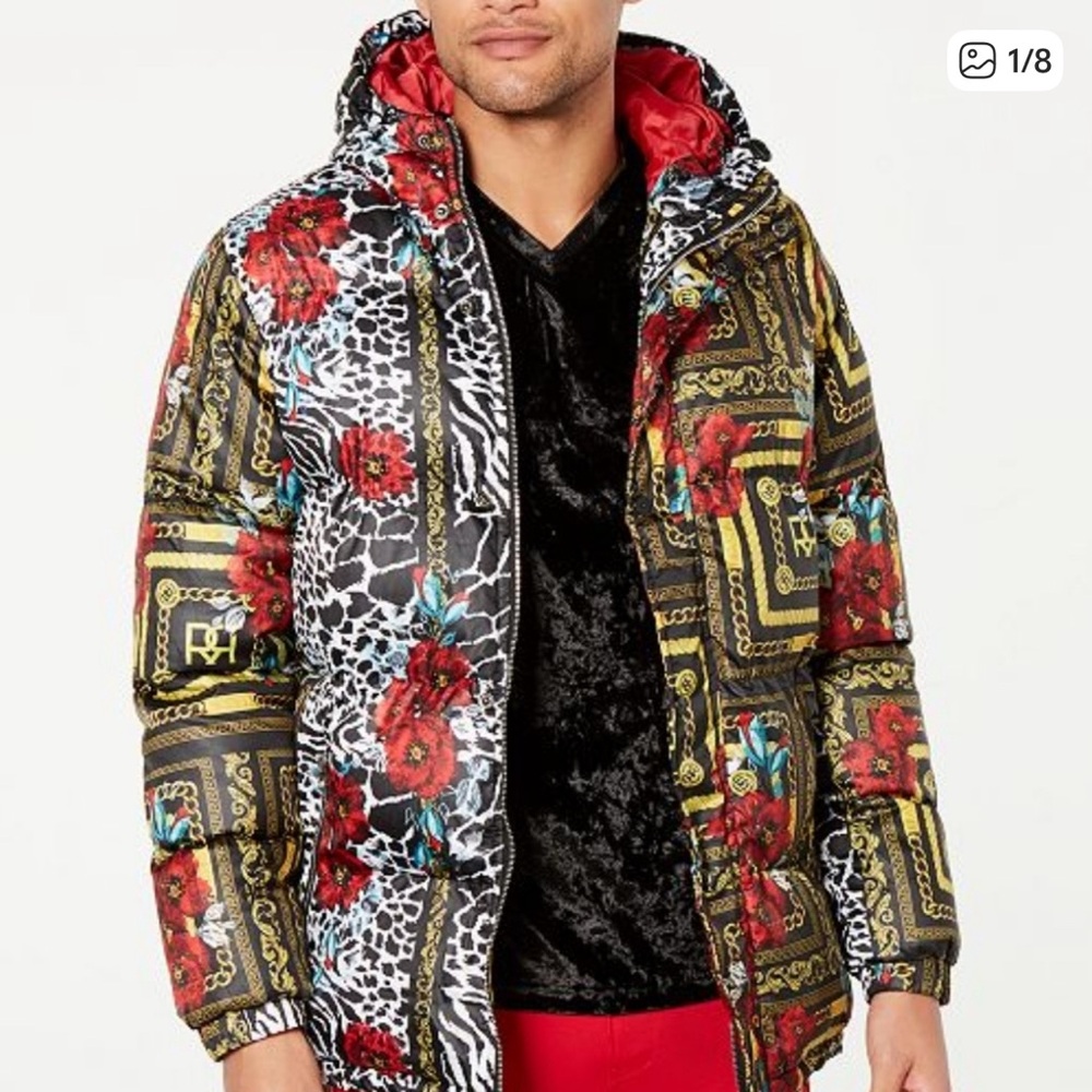 🔥Reason Men's Red and Black Puffer Jacket with Animal print and baroque design 🔥